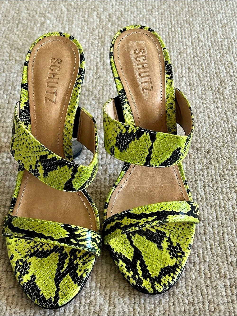 Schutz Veridiana Animal Print Heels in Green & Black US 9B